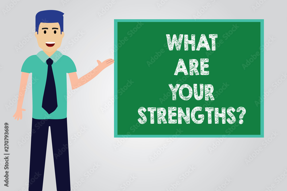 Handwriting text writing What Are Your Strengthsquestion. Concept meaning Tell us your best qualities skills Man with Tie Standing Talking Presenting Blank Color Square Board photo Handwriting text writing What Are Your Strengthsquestion. Concept meaning Tell us your best qualities skills Man with Tie Standing Talking Presenting Blank Color Square Board photo