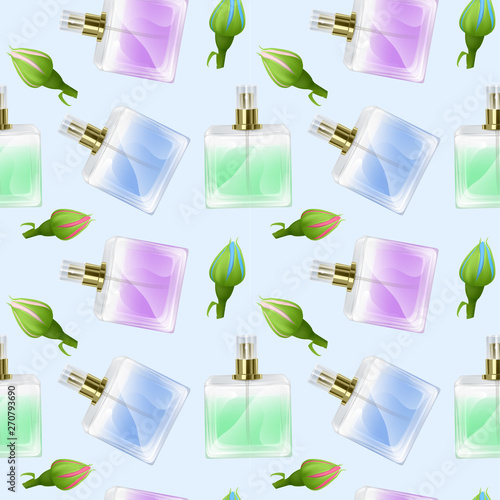 Seamless Endless Pattern with Print of perfume bottles and roses in cartoon style Can be used in food industry for wallpapers, wrapping paper, wedding cards.