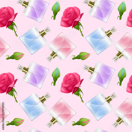 Seamless Endless Pattern with Print of perfume bottles and roses in cartoon style Can be used in food industry for wallpapers, wrapping paper, wedding cards.