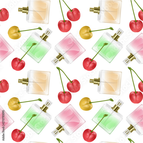 Seamless Endless Pattern with Print of perfume bottles and cherrys in cartoon style Can be used in food industry for wallpapers, wrapping paper, wedding cards.