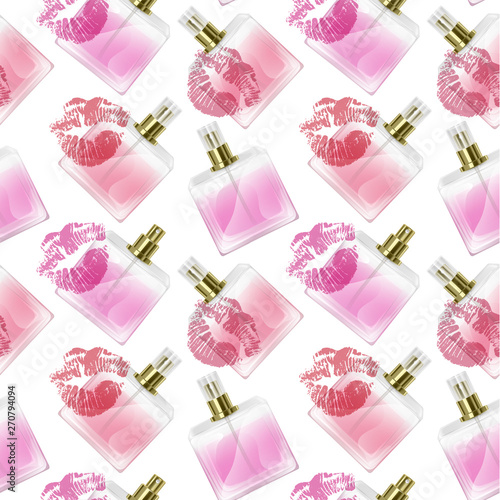 Seamless Endless Pattern with Print of perfume bottles and kiss prints in cartoon style Can be used in food industry for wallpapers, wrapping paper, wedding cards. Vector EPS 10 illustration