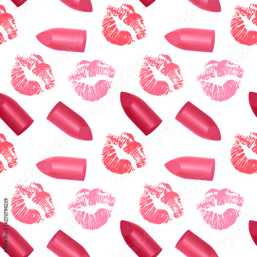 Seamless Endless Pattern with Print of lipstick and kiss print, Can be used in food industry for wallpapers, wrapping paper, wedding cards.