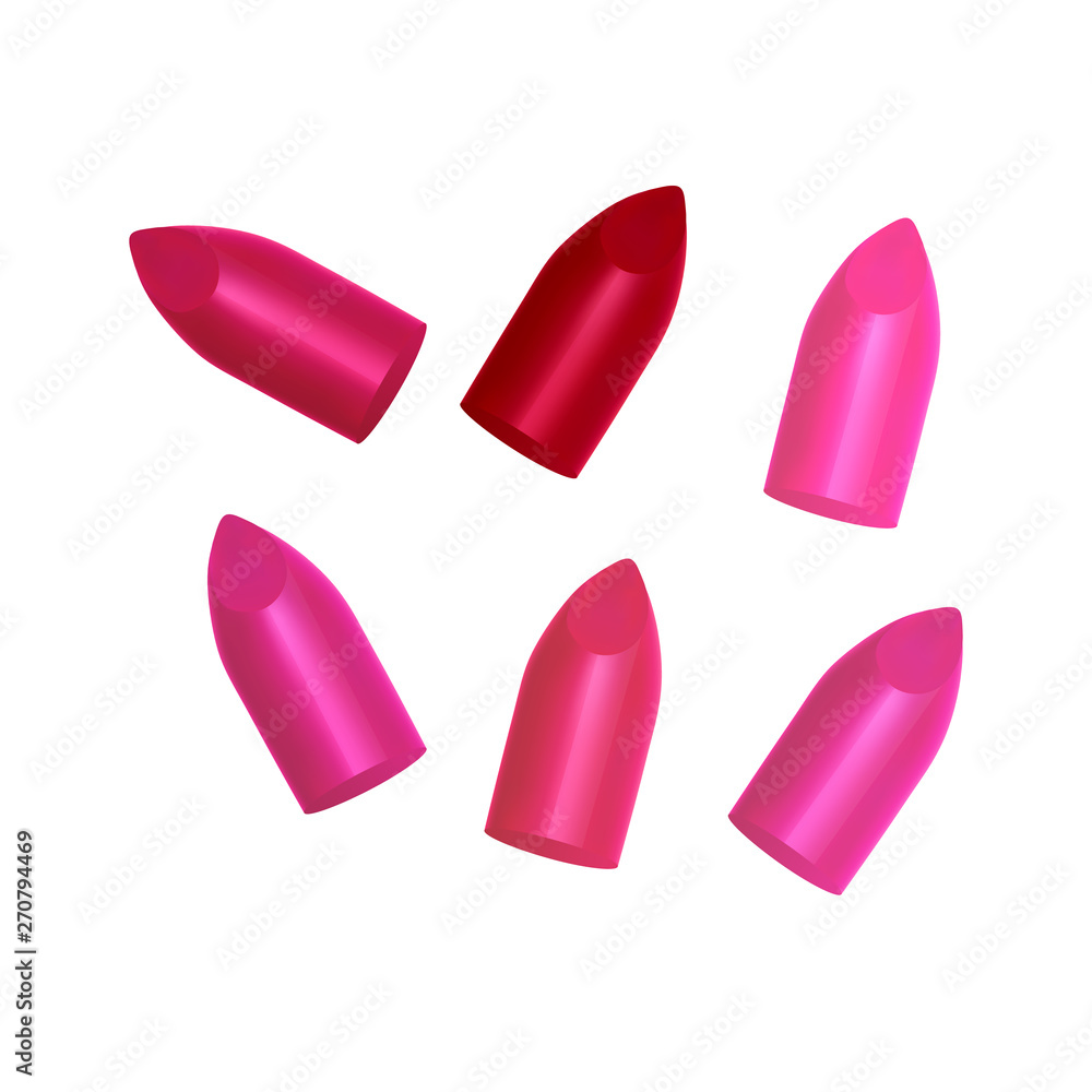 Female luxury. Broken lipstick various shades from bright red to pale pink template for a poster, realistic mockup, vector illustration Female luxury. Broken lipstick various shades from bright red to pale pink template for a poster, realistic mockup, vector illustration