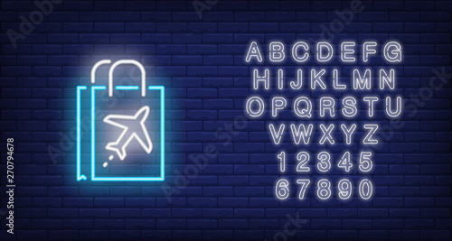 Bag from duty free neon sign. Glowing shopping bag with illustration of plane on it. Night bright advertisement. Vector illustration in neon style for shopping area in airport.