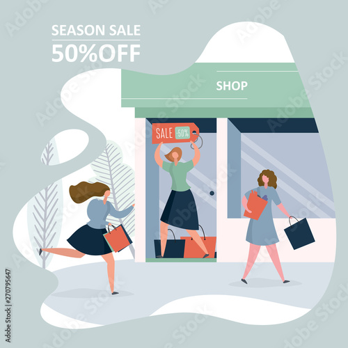 Shop storefront and different women with shopping bags and sale label,