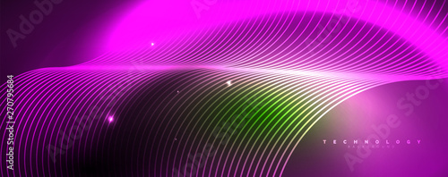 Shiny neon lines template - northern lights glowing blur lines. Futuristic style glow neon 80s disco club or night party techno template
