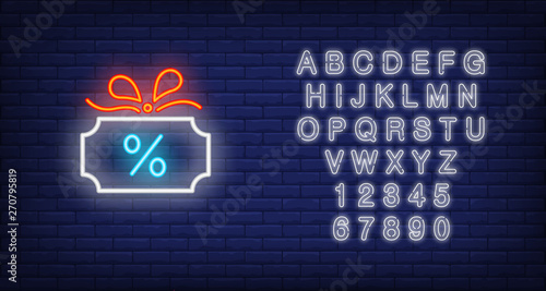 Cash back neon sign. Glowing neon cash sign with percent mark and bow. Night bright advertisement. Vector illustration in neon style for online shopping, banking and special offer.