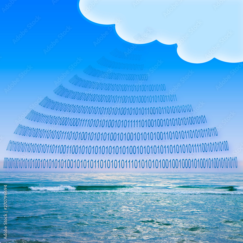 Secure storage on service cloud - concept image with binary code and cloud over a calm sea background
