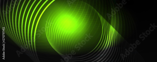 Dark abstract background with bright color neon lights and lines. Glowing background