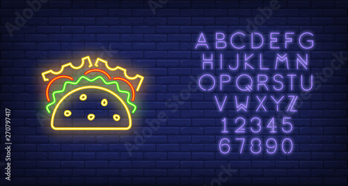 Taco neon sign. Glowing taco banner. Night bright advertisement. Food concept. Vector illustration for night snack bar or restaurant.
