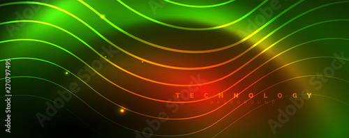 Shiny neon lines template - northern lights glowing blur lines. Futuristic style glow neon 80s disco club or night party techno template