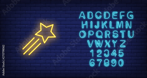 Shooting star neon sign. Glowing neon star on dark blue brick background. Vector illustration can be used for party, festivals, night club