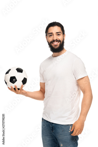 happy latin man holding soccer ball and smiling isolated on white