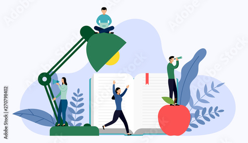 Table office lamp and stack of books with human concepts, vector illustration