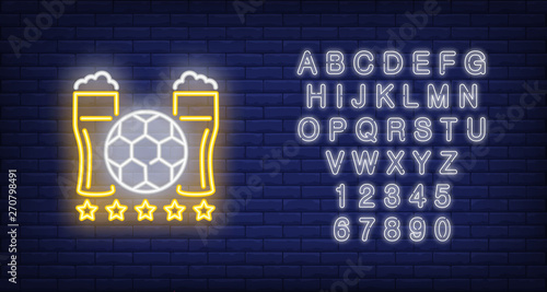Football and beer glasses neon sign. Soccer, sport bar and advertisement design. Night bright neon sign, colorful billboard, light banner. Vector illustration in neon style.