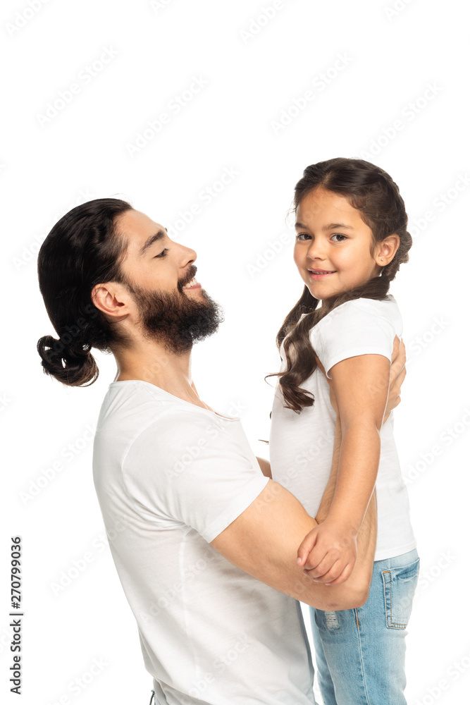 happy latin man holding in arms cheerful daughter isolated on white happy latin man holding in arms cheerful daughter isolated on white