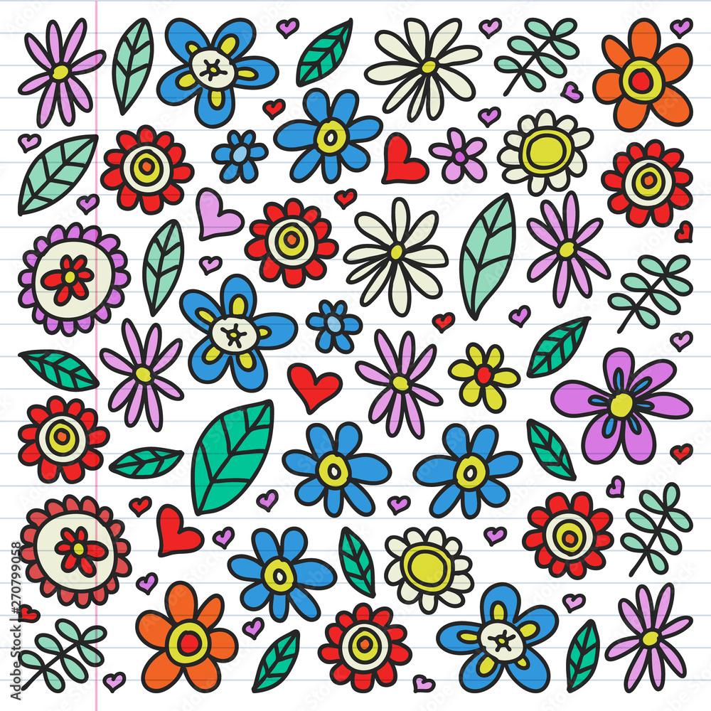 Vector set of child drawing flowers icons in doodle style. Painted, colorful, pictures on a piece of linear paper on white background. Vector set of child drawing flowers icons in doodle style. Painted, colorful, pictures on a piece of linear paper on white background.
