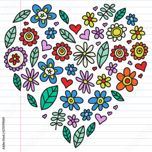 Vector set of child drawing flowers icons in doodle style. Painted, colorful, pictures on a piece of linear paper on white background.