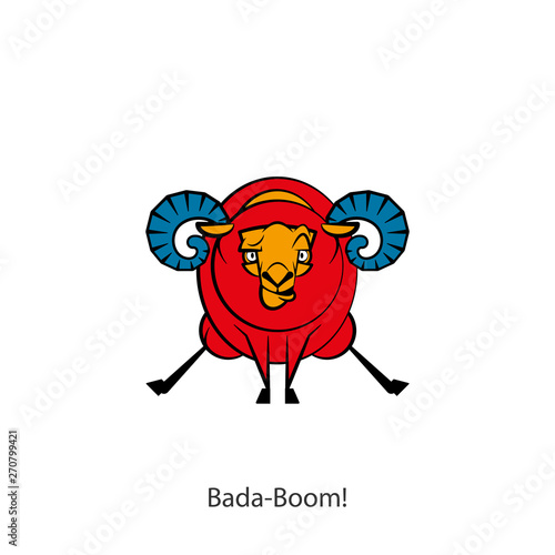 Cartoon character farm animal. Funny cool ram posing on two hooves on a white background. Vector illustration. Fitness fleece. Easy! Easily.