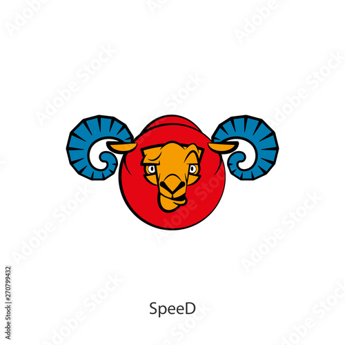 Head of a funny tough ram on a white background. Sticker, pattern, background, wall decoration. Vector illustration. Cartoon character farm animal. The energy of the ram. Speed. Speedly.