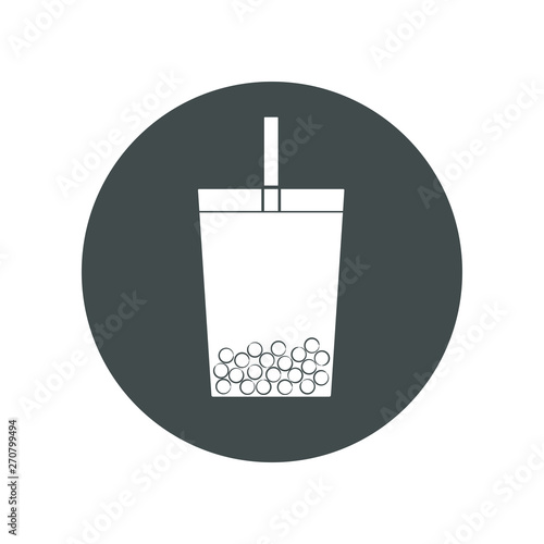 Vector icon of bubble tea in a glass with straw. Trasparent, no fill on cup. Isolated in circle.