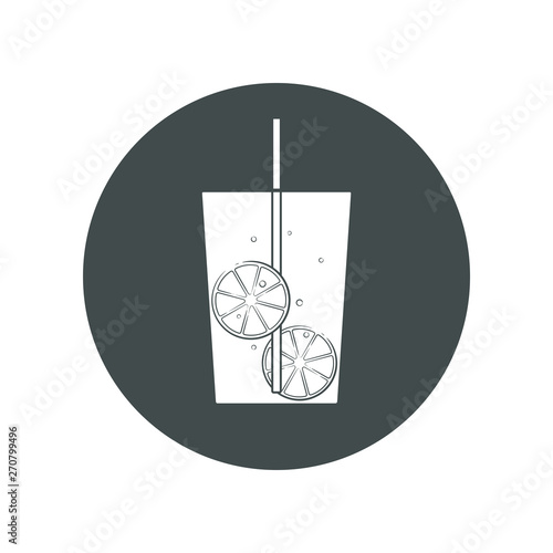 Vector icon of lemonade in a glass with straw. Trasparent, no fill on cup. Isolated in circle.