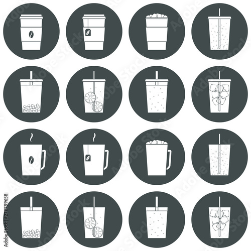 Vector set of beverage icons. Trasparent, no fill on cup. Isolated in circle. Soft drinks, hot - coffee, tea, cocoa, chocolate. cold - lemonade, soda pop, smoothie, bubble tea, ice tea.