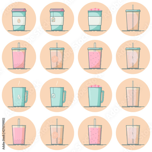 Vector set of beverage icons. Hot drinks - coffee, tea, cocoa, hot chocolate with marshmallow. Cold - lemonade, soda pop, smoothie, bubble tea, ice tea. Isolated in circle. Mint and pink colors.