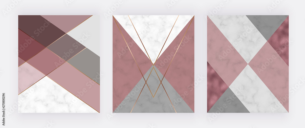 Fototapeta Marble geometric design with pink and grey triangular, rose gold foil texture, polygonal lines. Modern background for wedding invitation, banner, card, flyer, poster, save the date