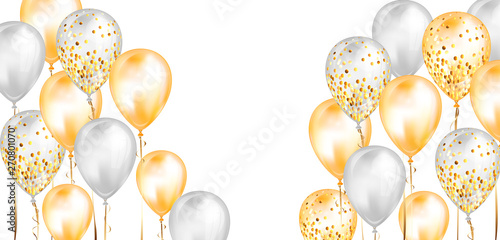 Flying glossy white and yellow shiny realistic 3D helium balloons with gold ribbon and glitter sparkles, perfect decoration for birthday party brochures, invitation card or baby shower