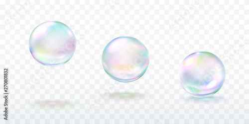 Realistic soap bubble with rainbow colors isolated on transparent background. Vector water foam elements set. Colorful iridescent glass ball or sphere template.