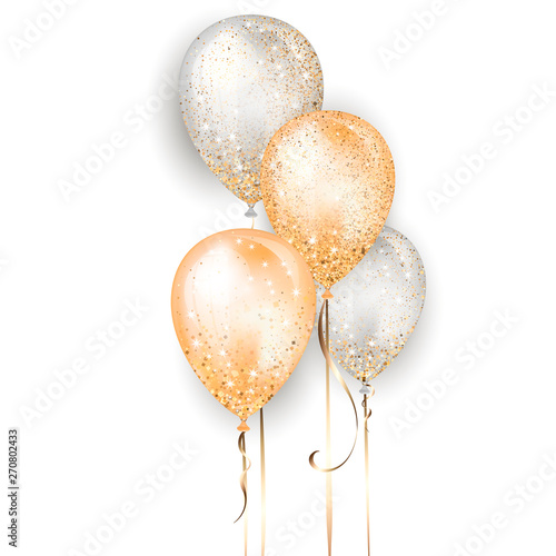 Flying glossy white and yellow shiny realistic 3D helium balloons with gold ribbon and glitter sparkles, perfect decoration for birthday party brochures, invitation card or baby shower