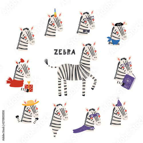 Set of cute zebra illustrations, pirate, superhero, unicorn, Christmas, ghost, reading. Isolated objects on white background. Hand drawn vector. Scandinavian style flat design. Concept children print.