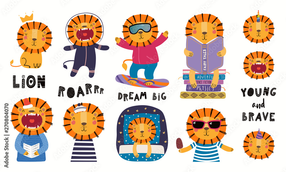 Fototapeta premium Set of cute lion illustrations, astronaut, king, sailor, unicorn, reading, sleeping. Isolated objects on white background. Hand drawn vector. Scandinavian style flat design. Concept for children print
