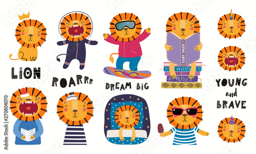 Set of cute lion illustrations, astronaut, king, sailor, unicorn, reading, sleeping. Isolated objects on white background. Hand drawn vector. Scandinavian style flat design. Concept for children print