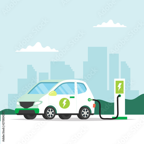 Fototapeta Naklejka Na Ścianę i Meble -  Electric car charging with city background. Concept illustration for environment, ecology, sustainability, clean air