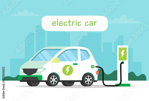 Electric car charging with city background and lettering. Concept illustration for environment, ecology