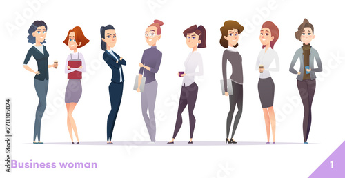 Business women character design collection. Modern cartoon flat style. Females stand together. Young professional females poses.