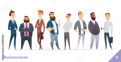 Businessman or people character design collection. Modern cartoon flat style. Young professional males poses.