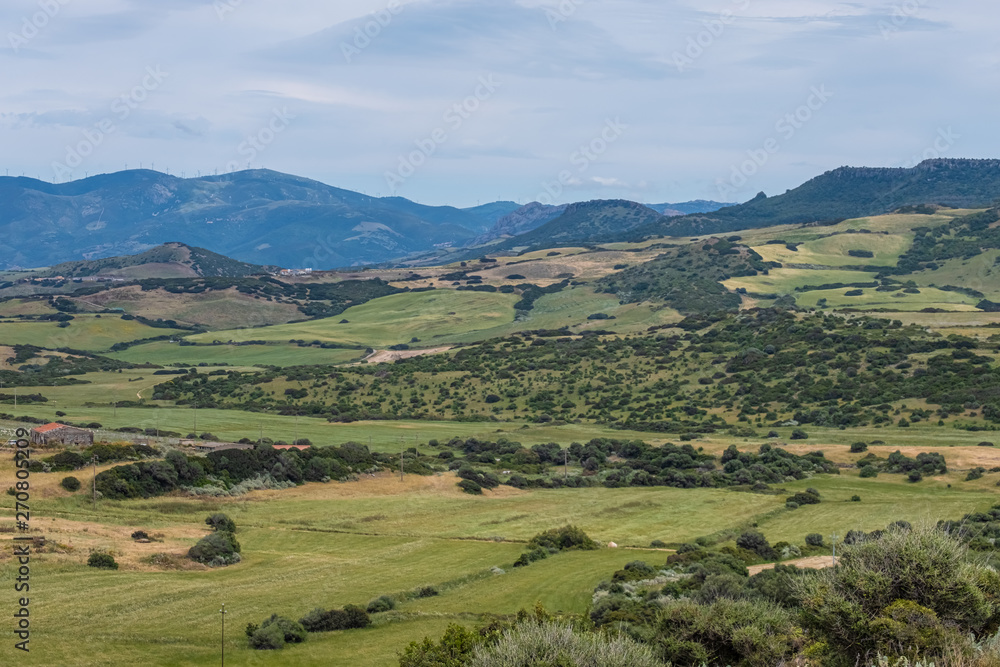Fototapeta premium The village of Osilo, overlooking the fertile Anglona hills sloping down to the sea, province of Sassari , Sardinia, Italy.