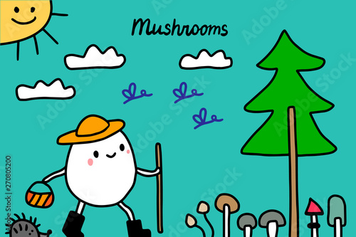 Mushrooms hand drawn vector illustration. Cute cartoon men searching for plants in the forest