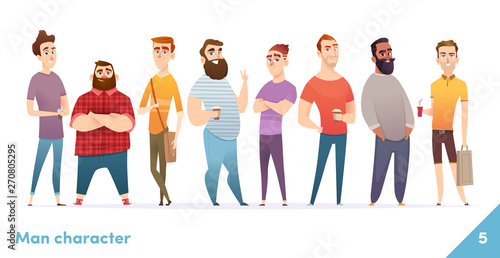People character design collection. Modern cartoon flat style. Males or manegers stand together. Young professional males poses.