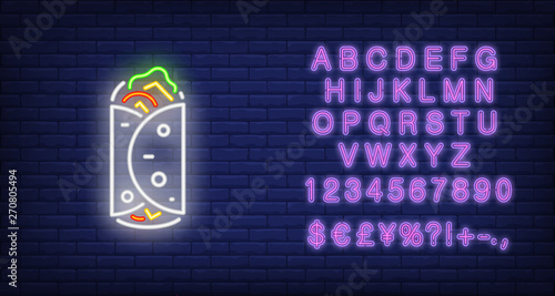 Lavash wrap neon sign. Glowing kebab in lavash bread. Food concept. Night bright advertisement. Vector illustration in neon style for night snack bar or restaurant