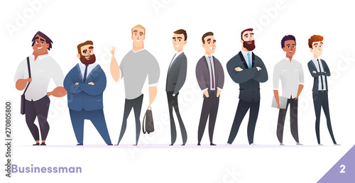 Businessman or people character design collection. Modern cartoon flat style. Young professional males poses.