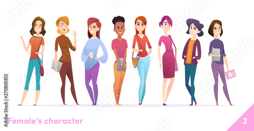 Women character design collection. Modern cartoon flat style. Females stand together. Young females in different poses.