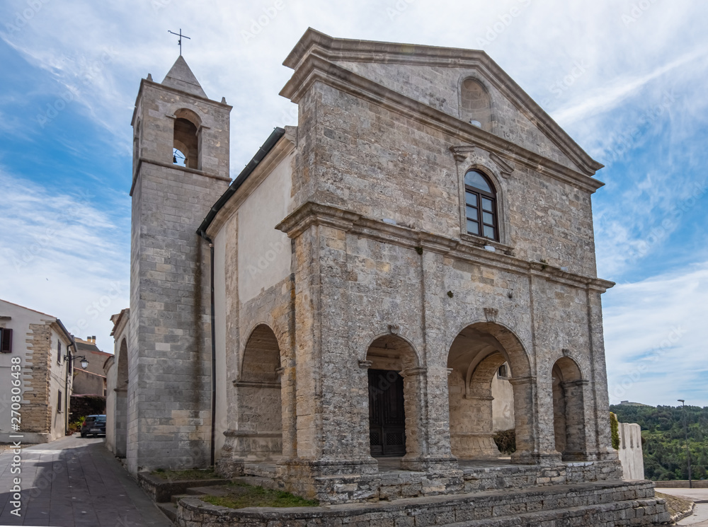 Chiesa del Rosario in the village of Osilo, overlooking the fertile Anglona hills sloping down to the sea, province of Sassari , Sardinia, Italy.