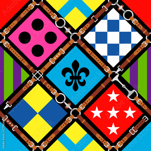 Seamless pattern jockey uniform. Traditional design. Silk. Harness, bridle, harness, belt. Horse racing. Vector illustration