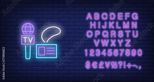 Microphone and journalist beige neon sign. Glowing microphone and accreditation card with lettering on dark blue brick background. Vector illustration for news, broadcasting, reporting