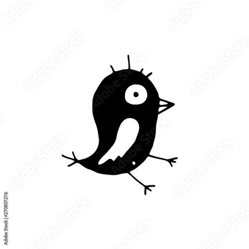 Cute cartoon hand drawn summer bird symbol of funny bird. Sweet vector black and white summer bird symbol. Isolated monochrome summer bird symbol on white background.
