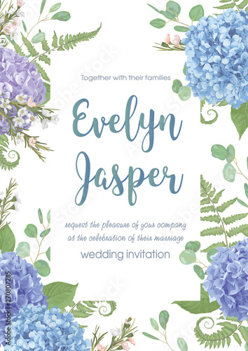 Wedding, watercolor seasonal flower card.Leaves, blooming branches eucalyptus, gaultheria, salal, chamaelaucium, seasonal fern.Blue, purple, of hydrangea. vector design frame.Isolated and editable